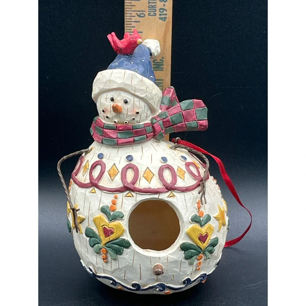 Snowman-Shaped Hanging Birdhouse Decor Cardinal Plaid Scarf Resin 6